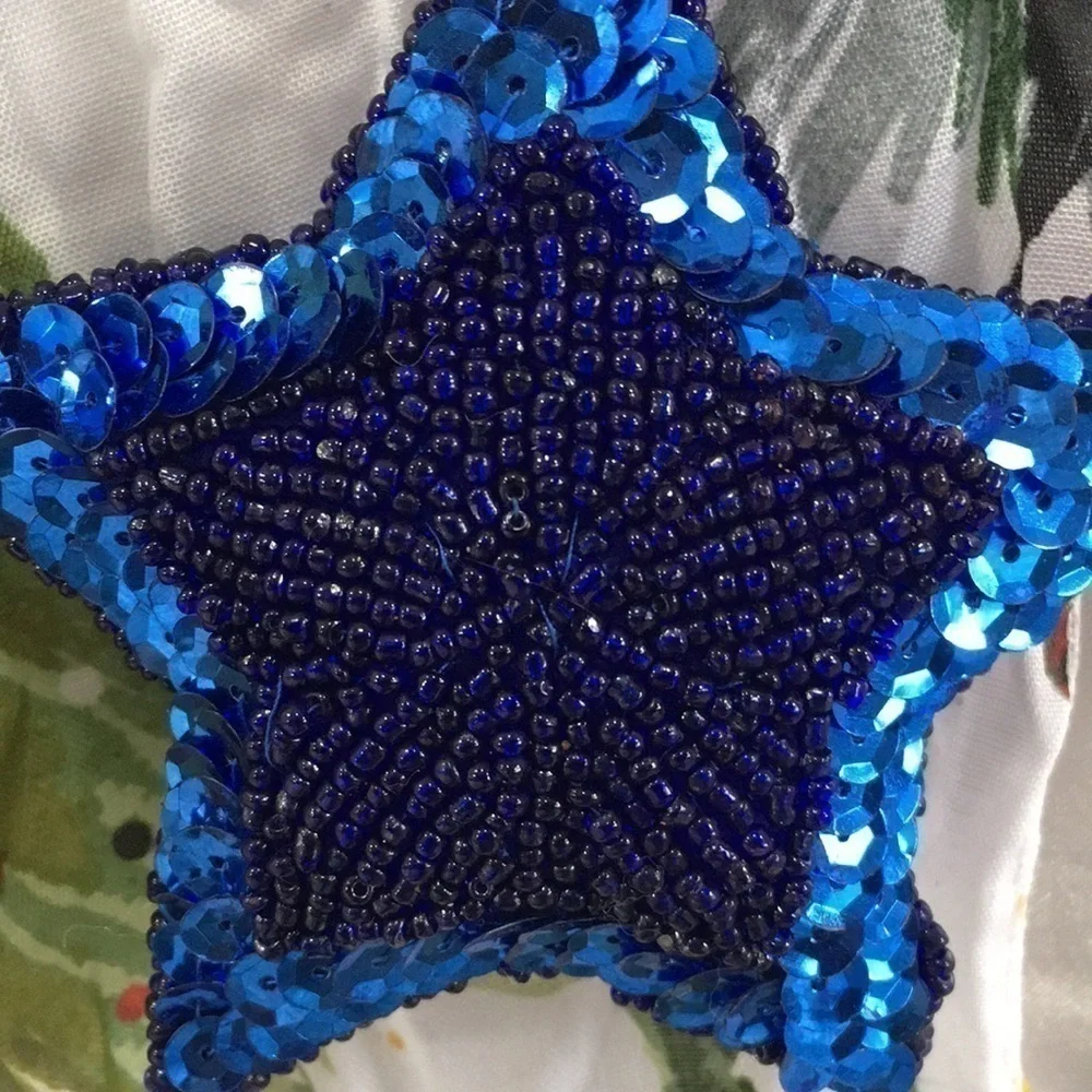 Vintage 80s Handmade Sequin Beaded Star Christmas Ornament Blue Puffy Felt